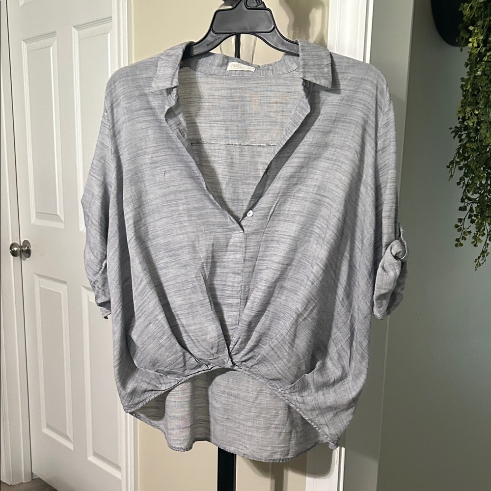 Just Living Gray Button-Front Twist Hem Blouse
